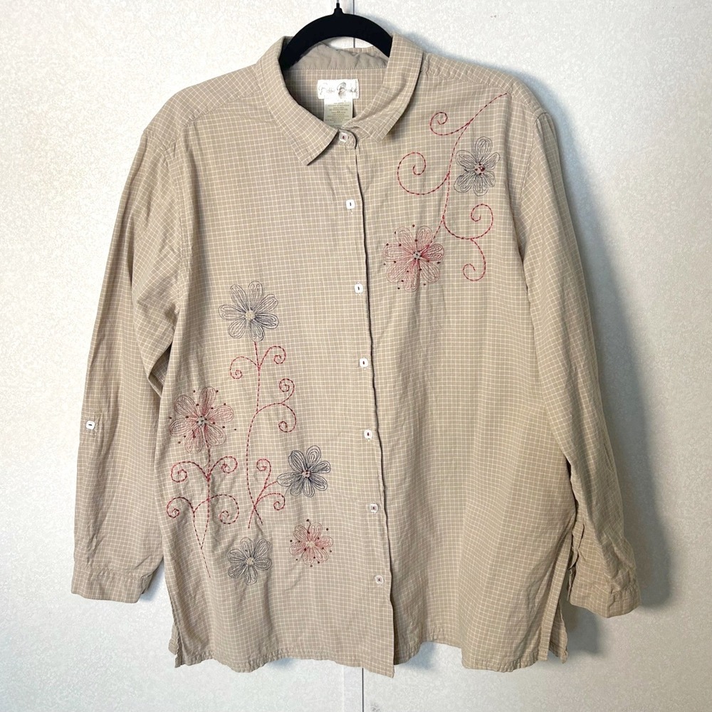 Women's Embroidered Tan Floral grid cotton button down with red back graphic